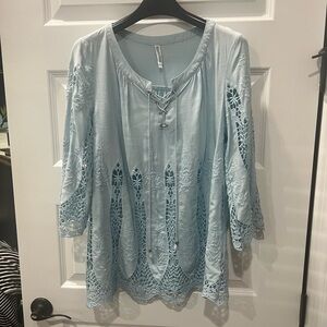 Monoreno Blue Tunic blouse with lace cutouts and lace-up front size S